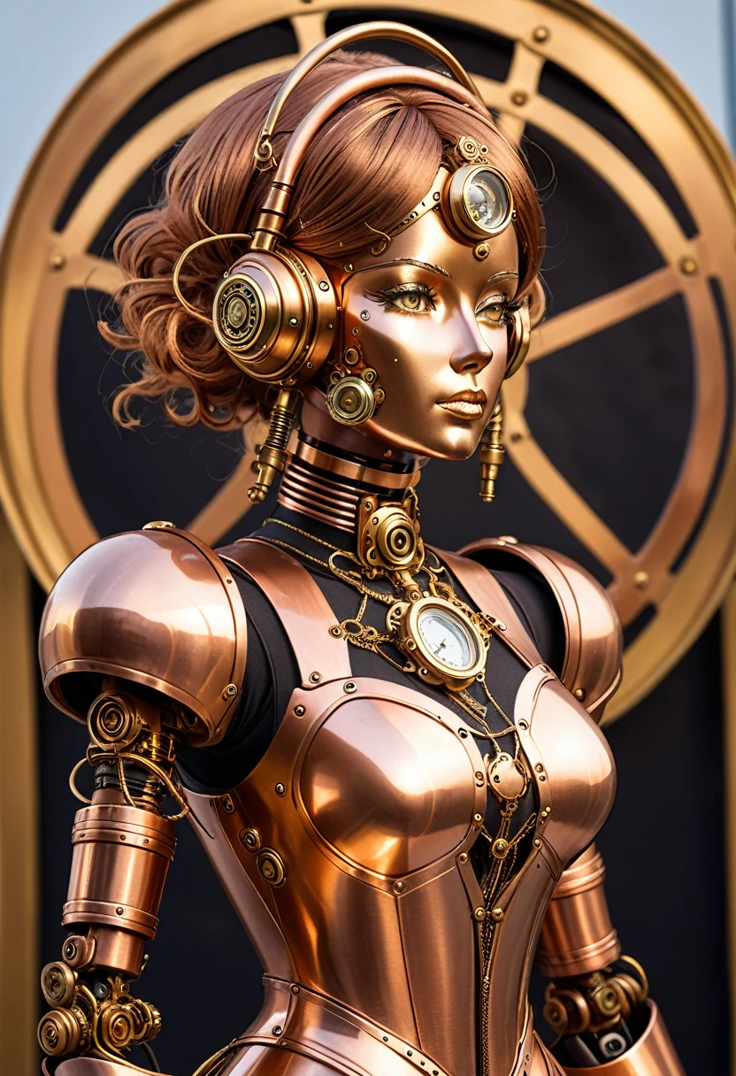 A steam punk style copper robot with a human like bronze face. female figure.