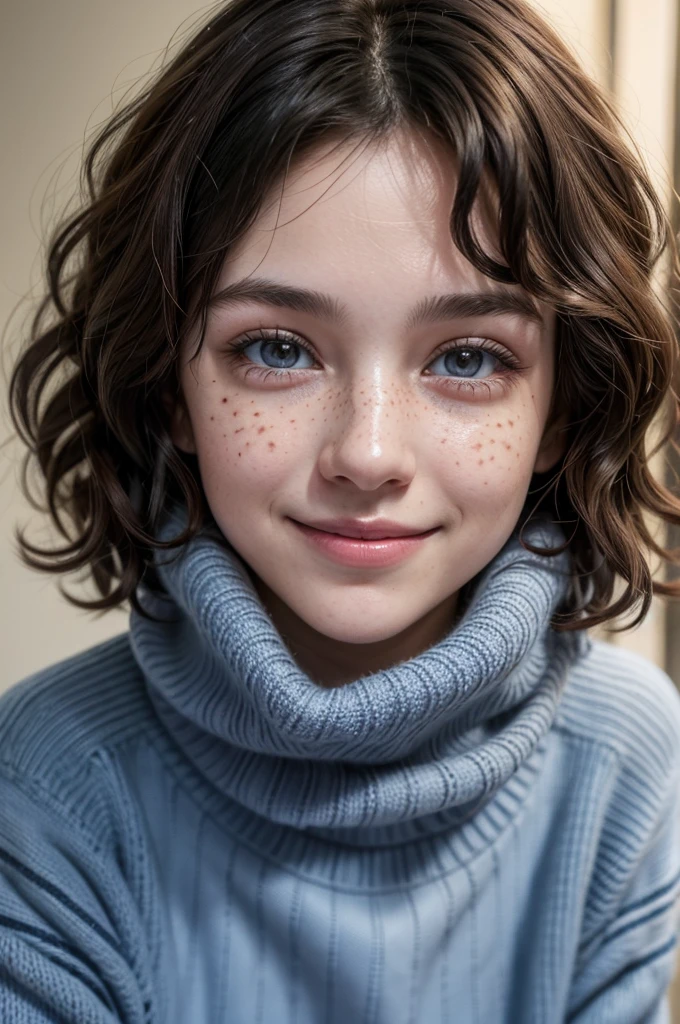 25-year-old brunette girl, short curly hair, small nose, smiling, lots of red freckles, skin, light eyes, with a blue knitted sweater with ''mila'' written on it