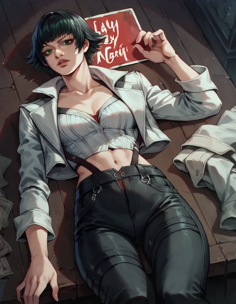 (best quality:1.2), lady (from devil may cry 5:1.1), perfect face, white jacket, black pants, green eyes, lying on the table, in a dark agency background, devil may cry red sign , night, alone, dark wall
