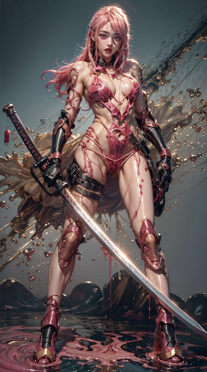 Highest quality、Surreal、Perfect Anatomy、Wet and shiny white skin、Sweat dripping all over the body、Small face、Ahegao、Model Body Type、Golden and pink hair、Black micro bikini、blush、Collars and Leads、Black Japanese sword、Heart shaped decoration、Dripping blood、