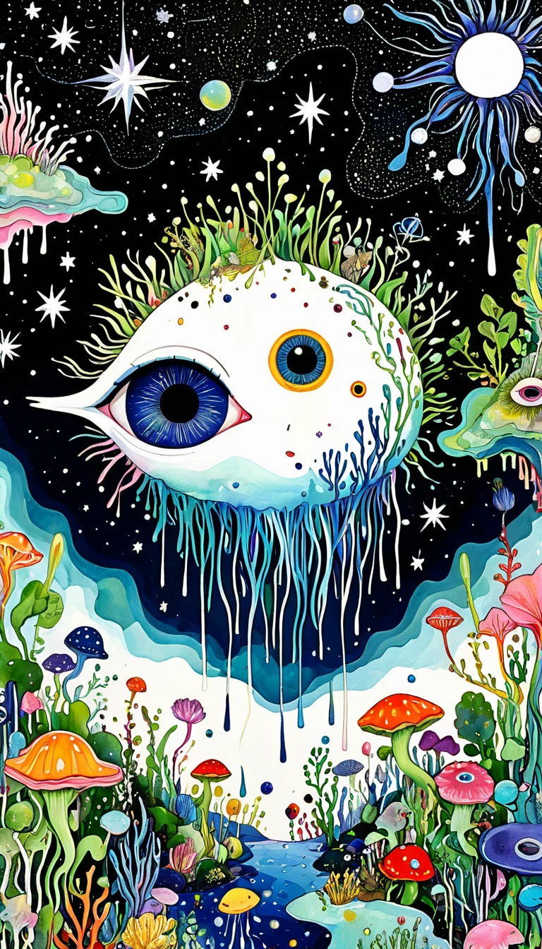 microorganism、plant、Marine life、1Stars dripping from the one eye、Starry Sky，Stitched into an abstract painting，Describing the inner world of autistic people，Sense of space，White Space，Childish lines，Psychedelic Art
