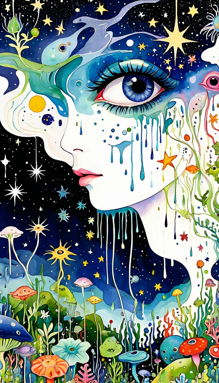 microorganism、plant、Marine life、1Stars dripping from the one eye、Starry Sky，Stitched into an abstract painting，Describing the inner world of autistic people，Sense of space，White Space，Childish lines，Psychedelic Art

