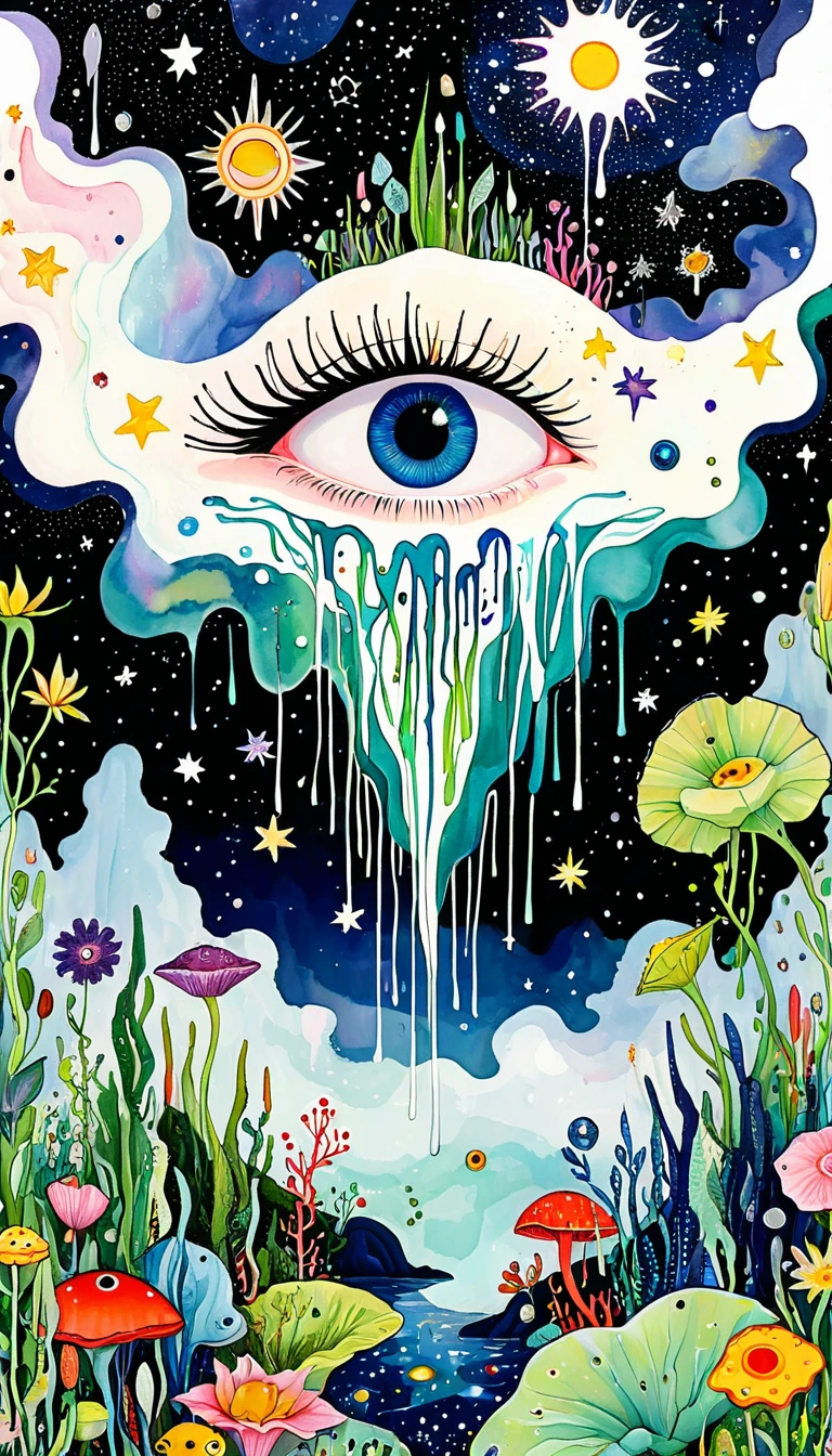 microorganism、plant、Marine life、1Stars dripping from my eyes、Starry Sky，Stitched into an abstract painting，Describing the inner world of autistic people，Sense of space，White Space，Childish lines，Psychedelic Art