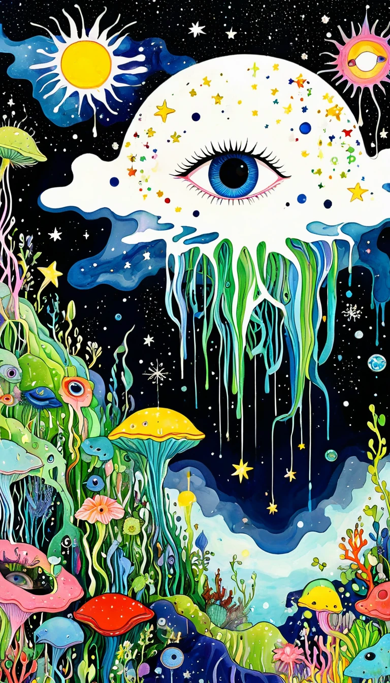 microorganism、plant、Marine life、1Stars dripping from the one eye、Starry Sky,Stitched into an abstract painting,Describing the inner world of autistic people,Sense of space,White Space,Childish lines,Psychedelic Art
