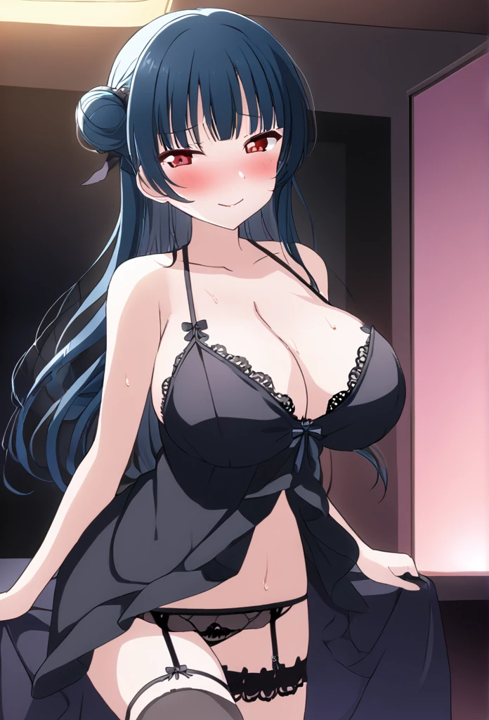 Yoshiko Tsushima Blue Hair Red Eye Right bun hairstyle Semi-long hair Black negligee bed bedに横たわる Black garter belt smile Huge breasts Seduce Dark Room Love Hotel night Cleavage bedに寝る Sweaty