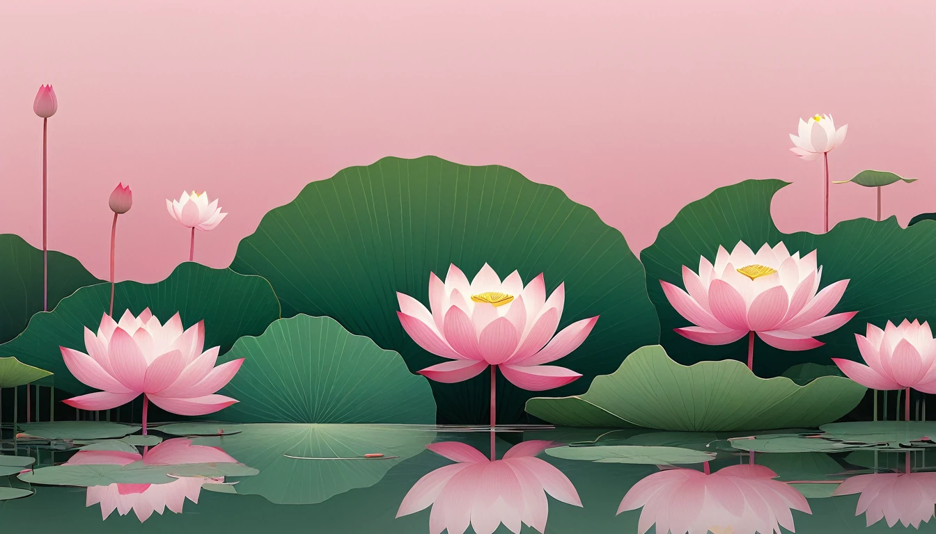 vector,Flat form,illustration,The Minimalists,数字艺术illustration,Pink hue,Abstract,artistic conception,Blooming,Lotus Pond,Leave white space in the center of the screen;