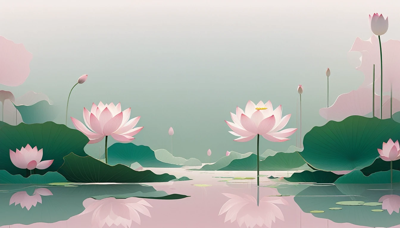 vector,Flat form,illustration,The Minimalists,数字艺术illustration,Pink hue,Abstract,artistic conception,Blooming,Lotus Pond,Leave white space in the center of the screen;