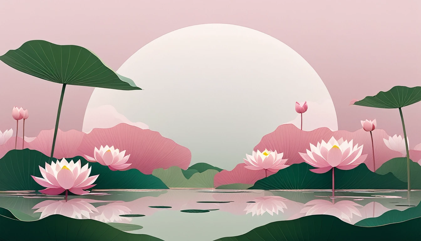 vector，Flat form，illustration，The Minimalists，数字艺术illustration，Pink hue，Abstract，artistic conception，Blooming，Lotus Pond，Leave white space in the center of the screen；