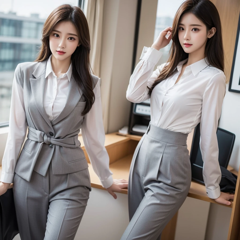 Beauty、BeautyOL、Detailed face、Realistic、beautiful girl、Beauty、Office Lady Uniform、beauty、Beautiful woman、Show off a slim waist、Handsome woman、Pants look、suit、Sexy pose
