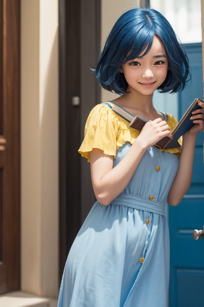 I want a happy girl from the movie, blue hair, light skin, yellow dress, holding books