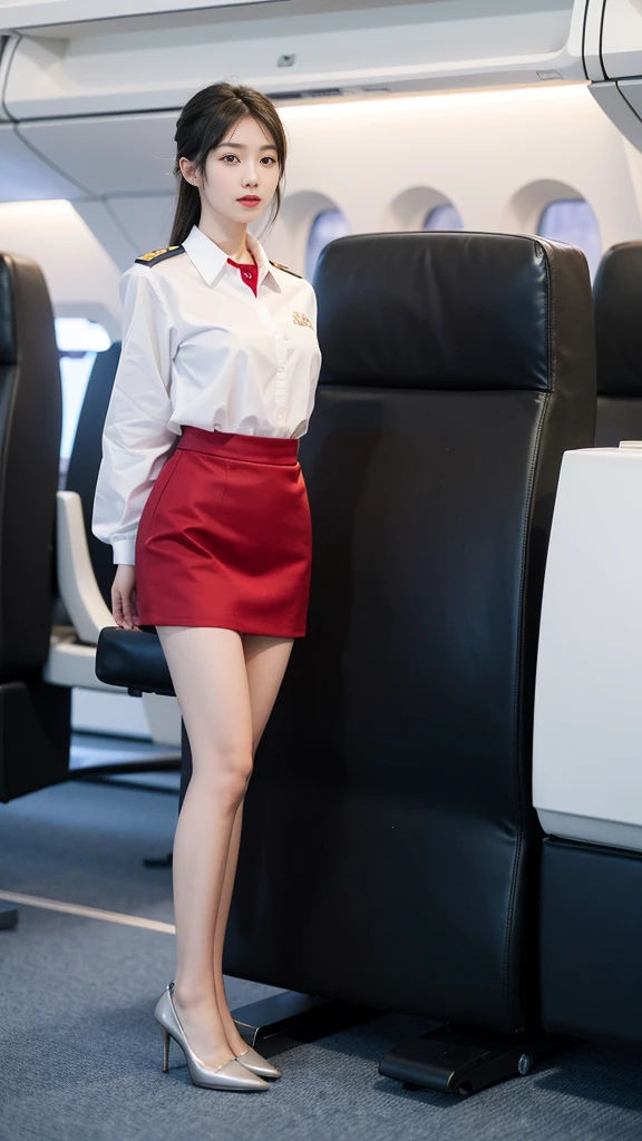 A beautiful Xinjiang girl,20 years old,Airline stewardess,Exquisite facial features,gentle,A faint smile,(Natural eyes:1.5),(Thin lips:1.2),穿着Airline stewardess服装,Hip skirt,High heel,Standing in the airplane cabin,Elegant charm,Mature
