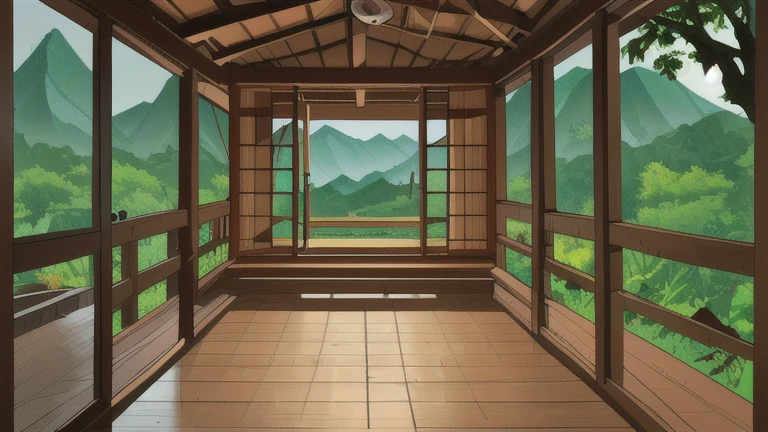 Cartoon style, The interior view of a simple Vietnamese wooden hut, the background of the forest and mountains.