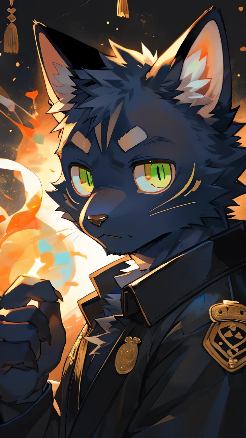 masterpiece,high quality,perfect anatomy,furry,anthro cat,black cat,male, niji5,green pupils,bright eyes,detailed face,by kiyosan,close up face