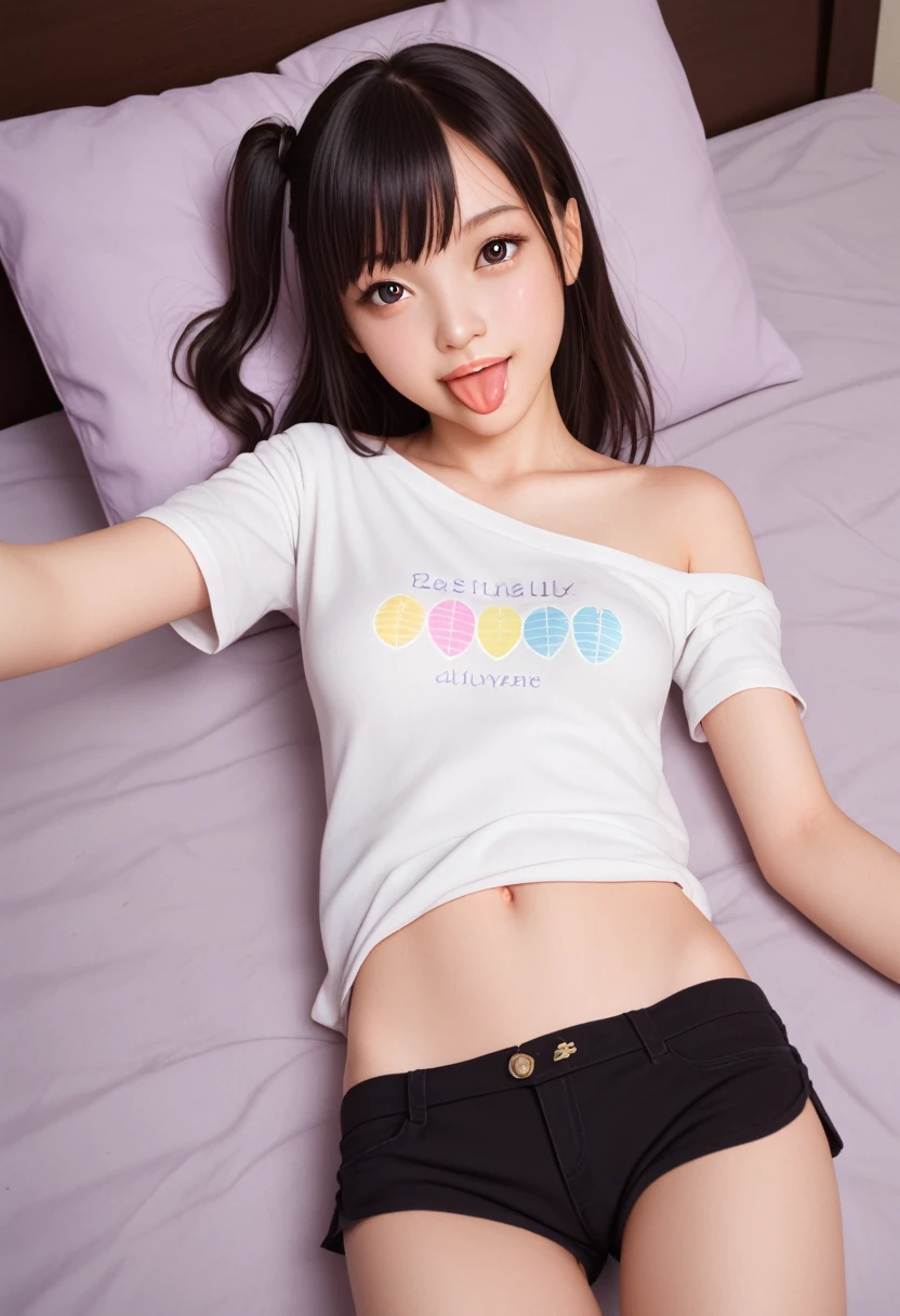ollarbone,pastel colors t-shirt,off-shoulder look,bare shoulder,midriff peek,micro shorts,open mouth,(tongue out:2),lying,Selfie,looking ahead,from above,front view,cowboy shot,(1girl,Beautiful 14 year old girl),((Slender,Small breasts,Small face,)),looking at viewer,Black Hair,bangs,one side up,Beautiful and detailed,Mischievous smile,Dimly lit room,Simple Background,bed,pillow,best quality
