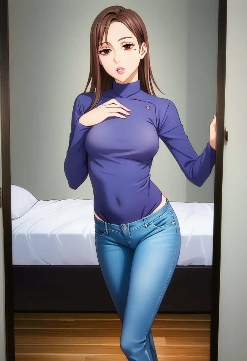 score_9_up, score_8_up, score_7_up, 1girl, solo, mature female, Shoko, long brown hair, brown eyes, mole under right eye, pink lips, parted lips, fit slim body, perfect medium erected breast, (((blue long sleeve, blue tight jeans))), (((higly detailed modern luxury bedroom))), looking at the viewer, perfect model body, seductive pose