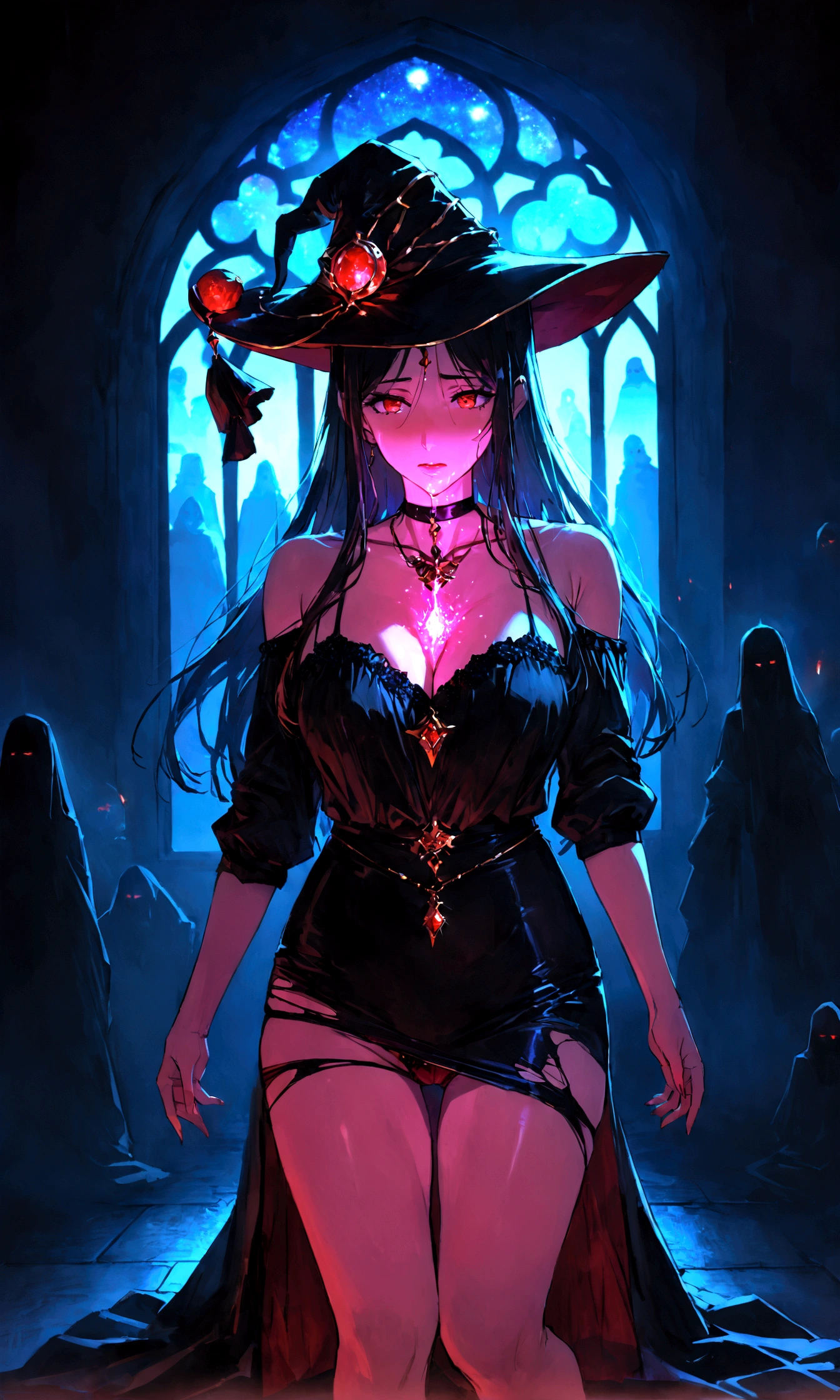 Sexy photo of the most beautiful work of art in the world, illustration, cinematic light, Fancy, high resolution, Superior quality, ultra detailed, Best Quality, Masterpiece, (detailed face), sexy mature woman with shirt and full body (torn) (transparent galaxy) screen shelter, floating fabric, meat , choker, bright (Fancy criminal para personas mayores) Forest plants with neon details, shoulders abiertos, pequeña mariposa bright, with a broken witch hat (focus on the body: 1,25 ), evening, small mutated animals in the background, torn miniskirt, a potion on the hip, shoulders, radiating magical energy, Camel leg, darkness, light reflection, ((32 year old woman)) , black underwear,(with sexy legs )、(journey)、(supine)、Head with long black hair,love game,Forced orgasm,squirt, ecstasy, I play with the urethra, ((women's casual clothing ),(high quality, realist, ultra detailed),blood mage ,dark and gloomy magical atmosphere,old church with biblical windows,beautiful woman with piercing red eyes,1woman surrounded by ethereal spirits and followers,((cult queen)),darkness eterna y profunda,penitent ghosts,group of humanoid spirits