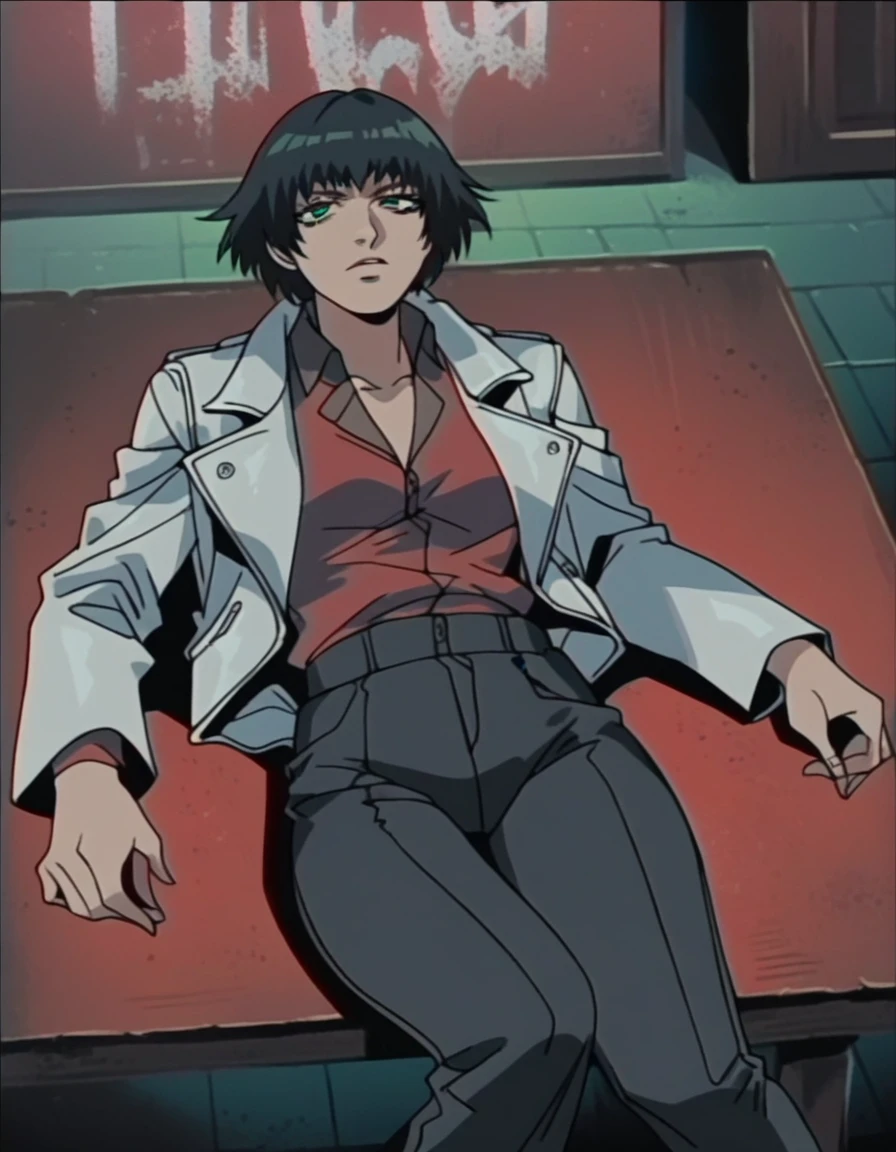 (best quality:1.2), lady (from devil may cry 5:1.1), perfect face, white jacket, black pants, green eyes, lying on the table, in a dark agency background, devil may cry red sign , night, alone, dark wall
