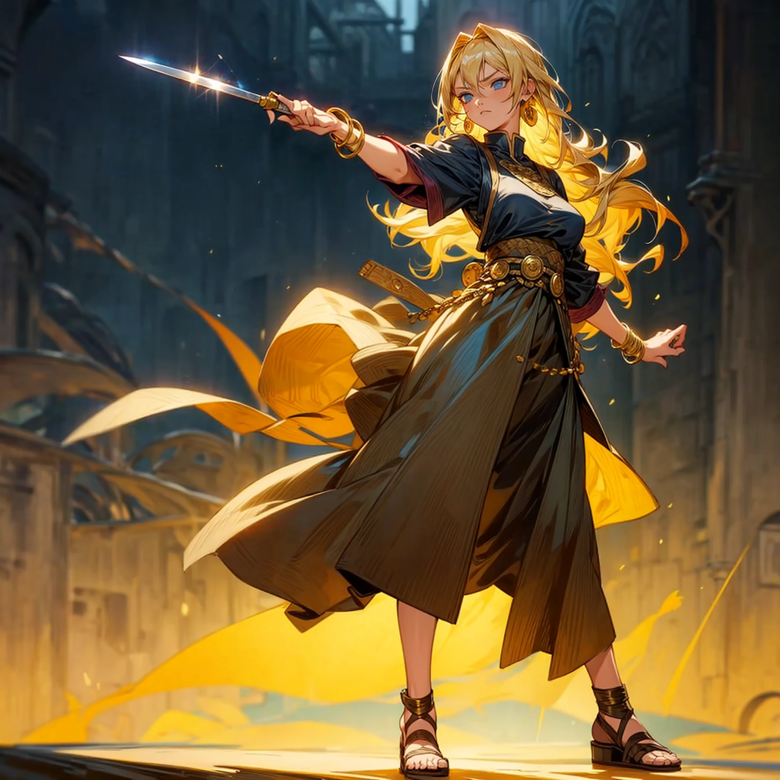 1girl, Full body version, 1character, adult version, blue eyes color, long Curly haircut, blonde colour hair, Gold earrings, gold bracelets, medieval style clothing, knife Assassin in hand Grassroots, background in Town square, motion blur, standing gesture, (Naruto style art)