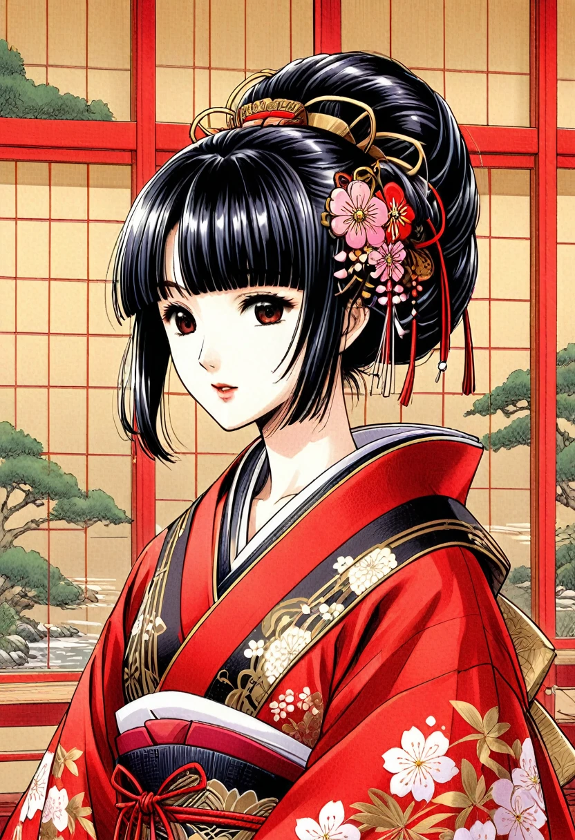 A beautiful Japanese princess from the Sengoku period wearing an embroidered red robe over her Japanese shrine maiden outfit　Geisha hairstyle with black hair