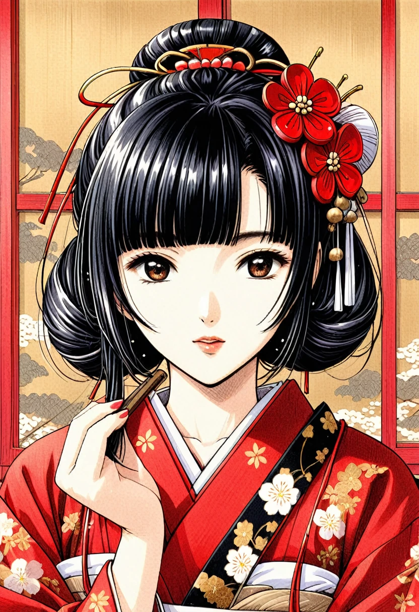 A beautiful Japanese princess from the Sengoku period wearing an embroidered red robe over her Japanese shrine maiden outfit Geisha hairstyle with black hair