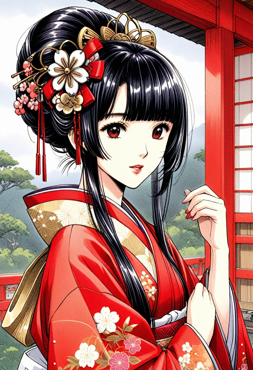 A beautiful Japanese princess from the Sengoku period wearing an embroidered red robe over her Japanese shrine maiden outfit　Geisha hairstyle with black hair