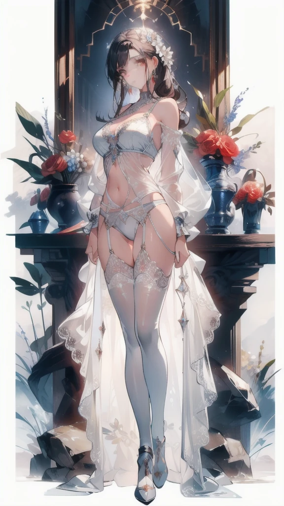 ((masterpiece, best quality)), Epic flower sea atmosphere，Delicate face，model，Desert Loulan，Western Regions style，whole body，Standing picture，glowing white eyes，Large Breasts，Perfect body proportions，Pure white background，firefly，Transparent sexy lingerie，High heel