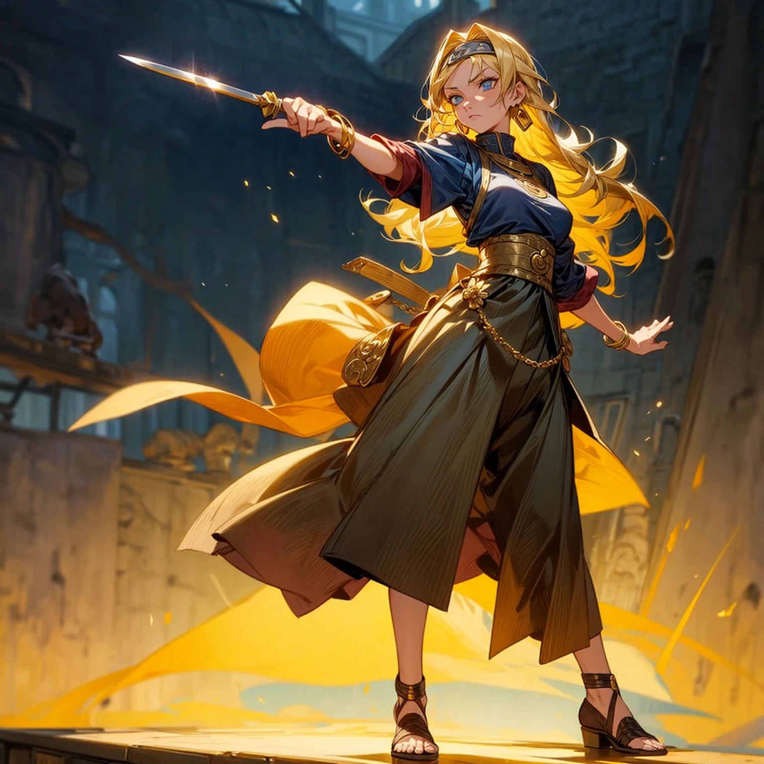 1girl, Full body version, 1character, adult version, blue eyes color, long Curly haircut, blonde colour hair, Gold earrings, gold bracelets, medieval style clothing, knife Assassin in hand Grassroots, background in Town square, motion blur, standing gesture, (Naruto style art)