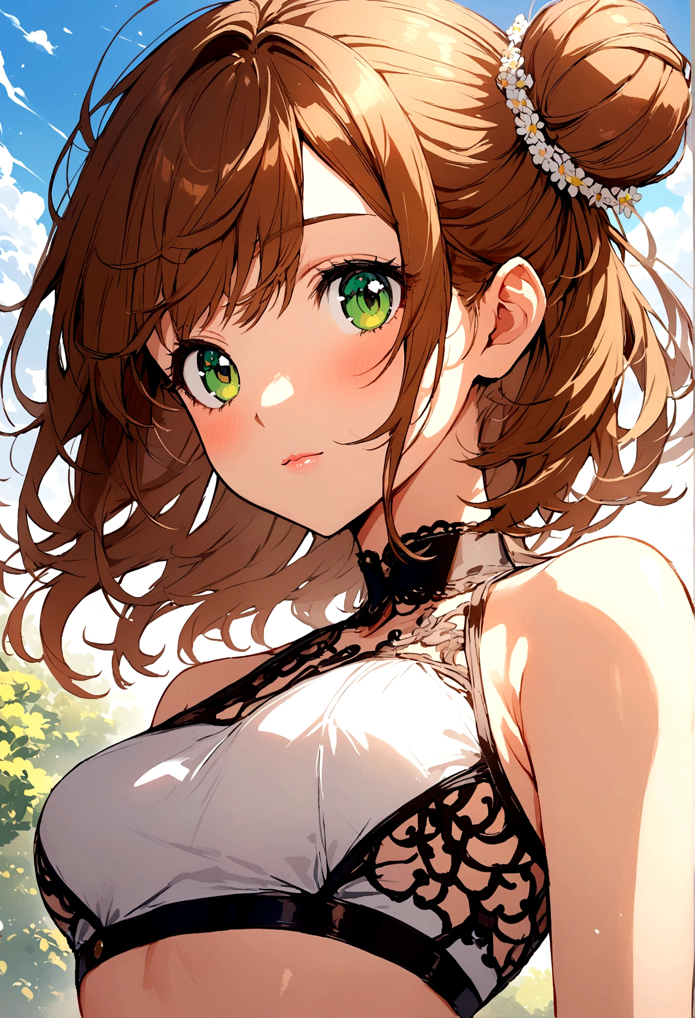 Girl, brown hair, green eyes, small side bun near top of head, crop top