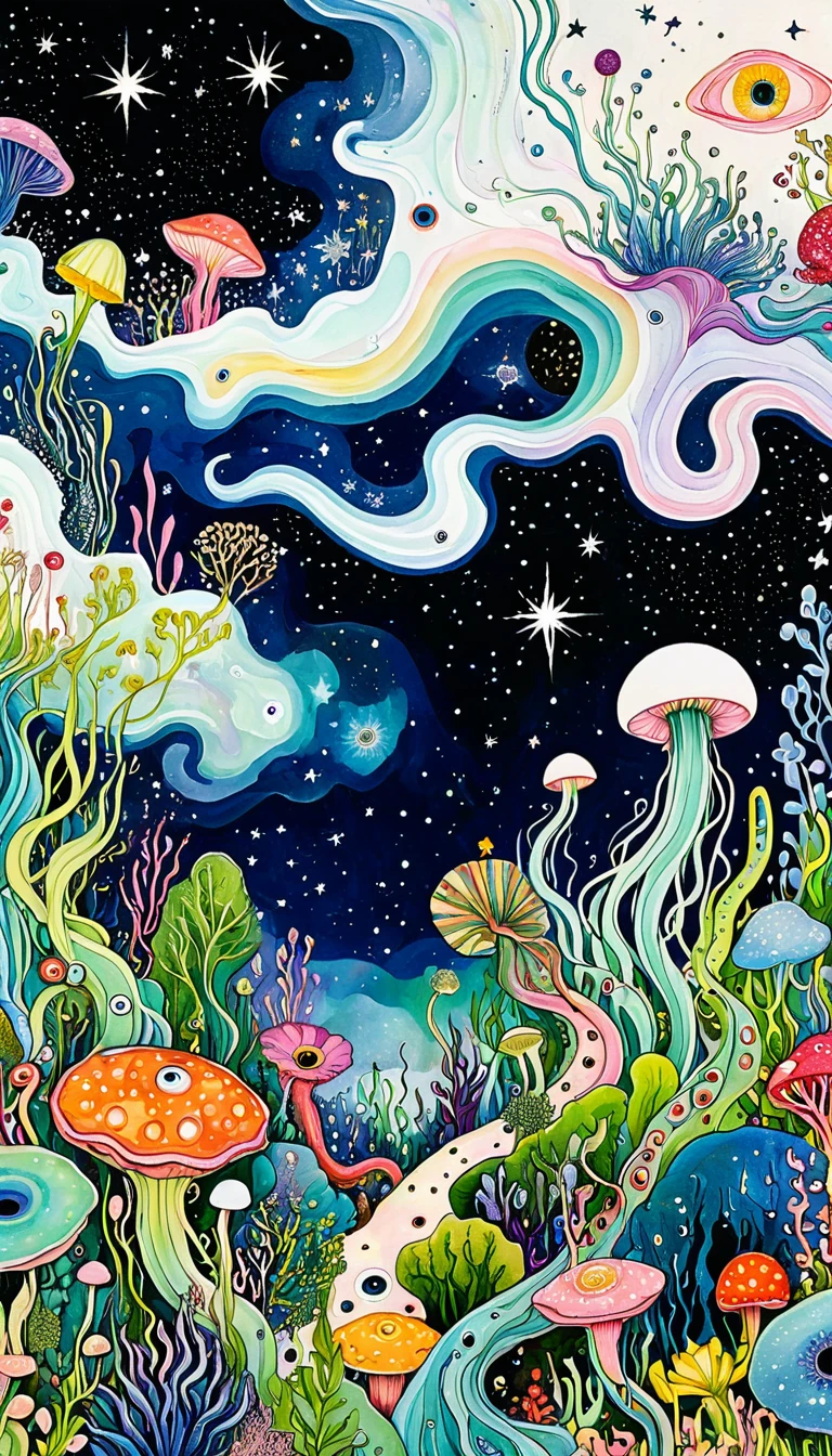 microorganism、Tentacle plants、Marine life、Eye、Starry Sky,Stitched into an abstract painting,Describing the inner world of autistic people,Sense of space,White Space,Childish lines,Psychedelic Art