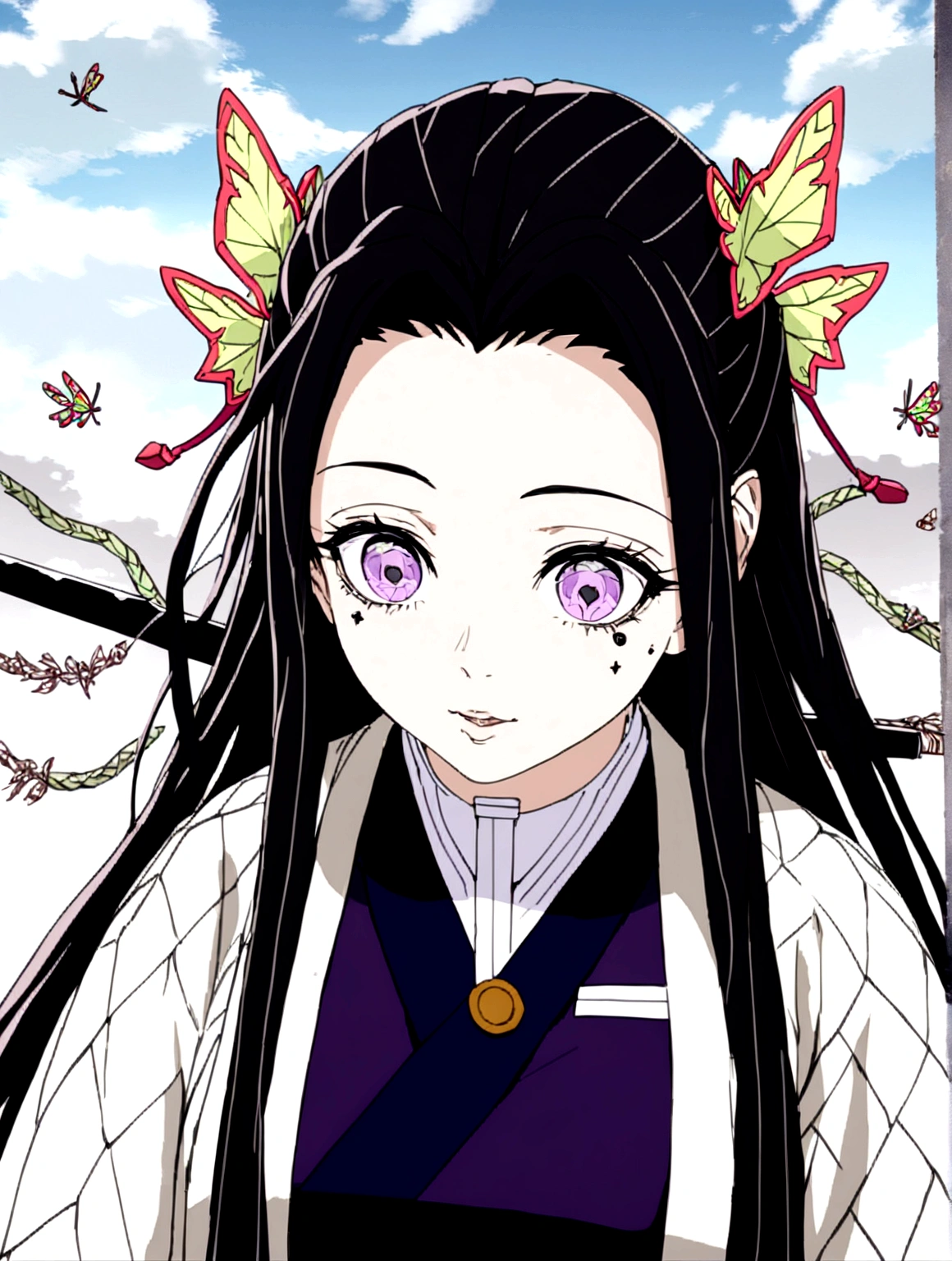 A female demon slayer swordsmith from Kimetsu no Yaiba, beautiful detailed eyes, beautiful detailed lips, extremely detailed eyes and face, long eyelashes, intricate haori, katana sword, highly detailed, 8k, masterpiece, photorealistic, digital art, cinematic lighting, dramatic shadows, vibrant colors, fantasy, anime style