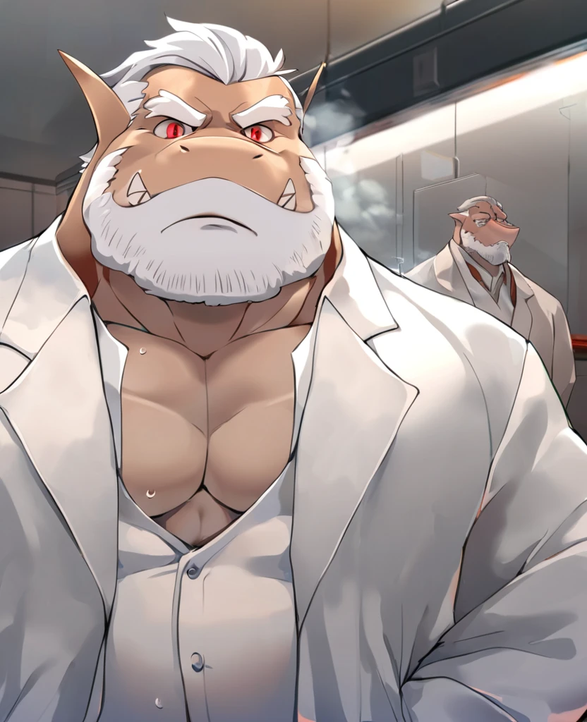 shark，personification，Mature male，Hercules，White hair，naked，Cold expression，Red pupil，White eyebrows，White suit suit，Hands in pockets，The Age of Steam，Hospital Office。