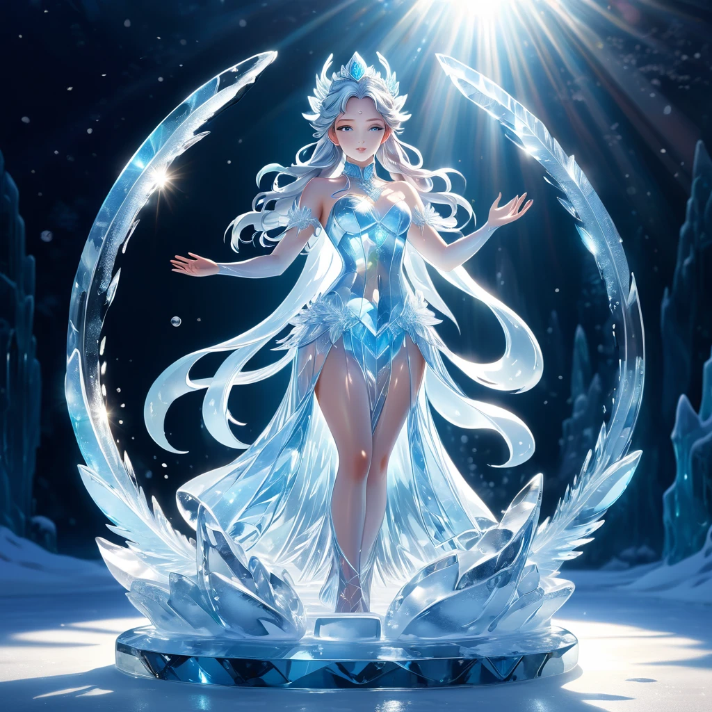 Ice statue,A very beautiful ice statue of a animestyle goddess, Transparent ice,illuminated by sunlight and reflected divinely,(((masterpiece))), (((best quality))), ((ultra-detailed)), (illustration), (detailed light),((an extremely delicate and beautiful)),