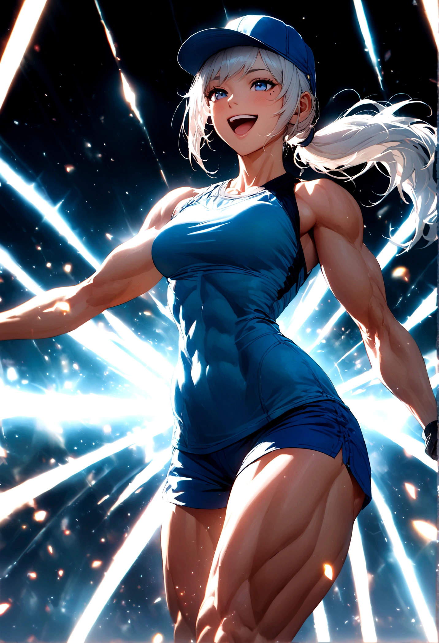 Girl, white hair, blue eyes, ponytail the flares out, hat, mole next to left eye, mole next to right eye, blue sports shirt, happy and energetic, toned body, toned thighs