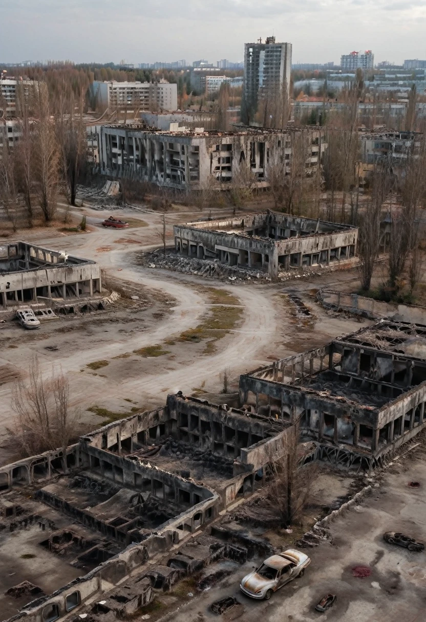 Urban landscape in ruins. The atmosphere is chaotic, there are several buildings destroyed, cars burned, and several holes in the ground. The place looks like a war zone. But there is nobody, the place is deserted.