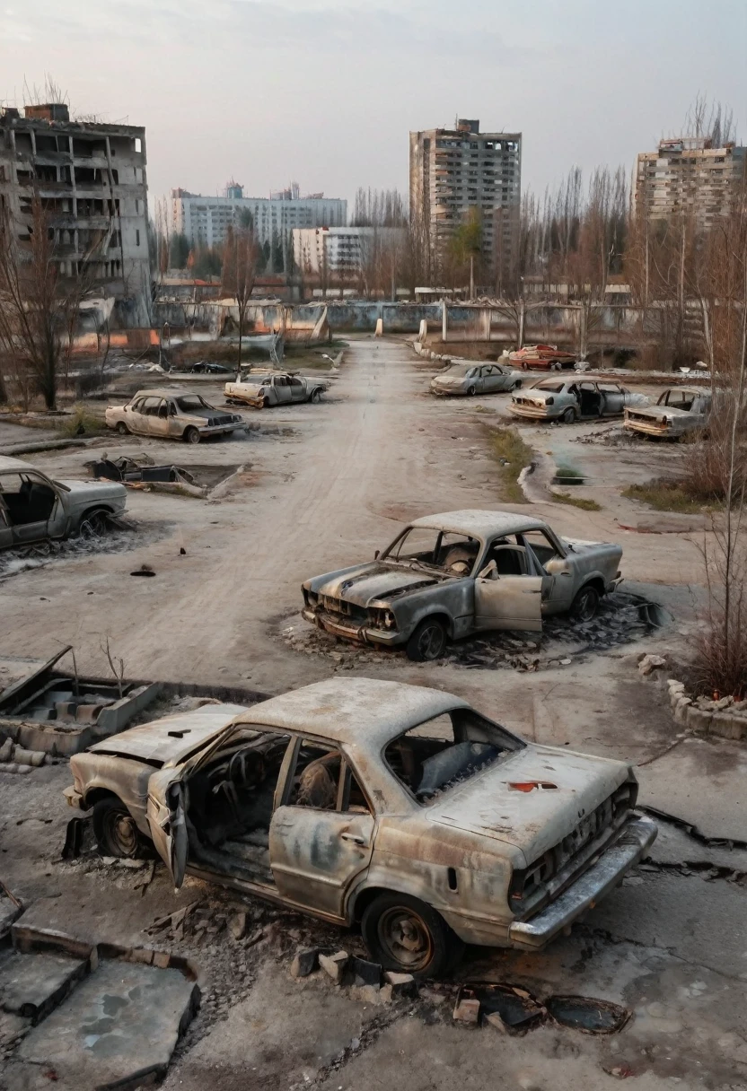 Urban landscape in ruins. The atmosphere is chaotic, there are several buildings destroyed, cars burned, and several holes in the ground. The place looks like a war zone. But there is nobody, the place is deserted.