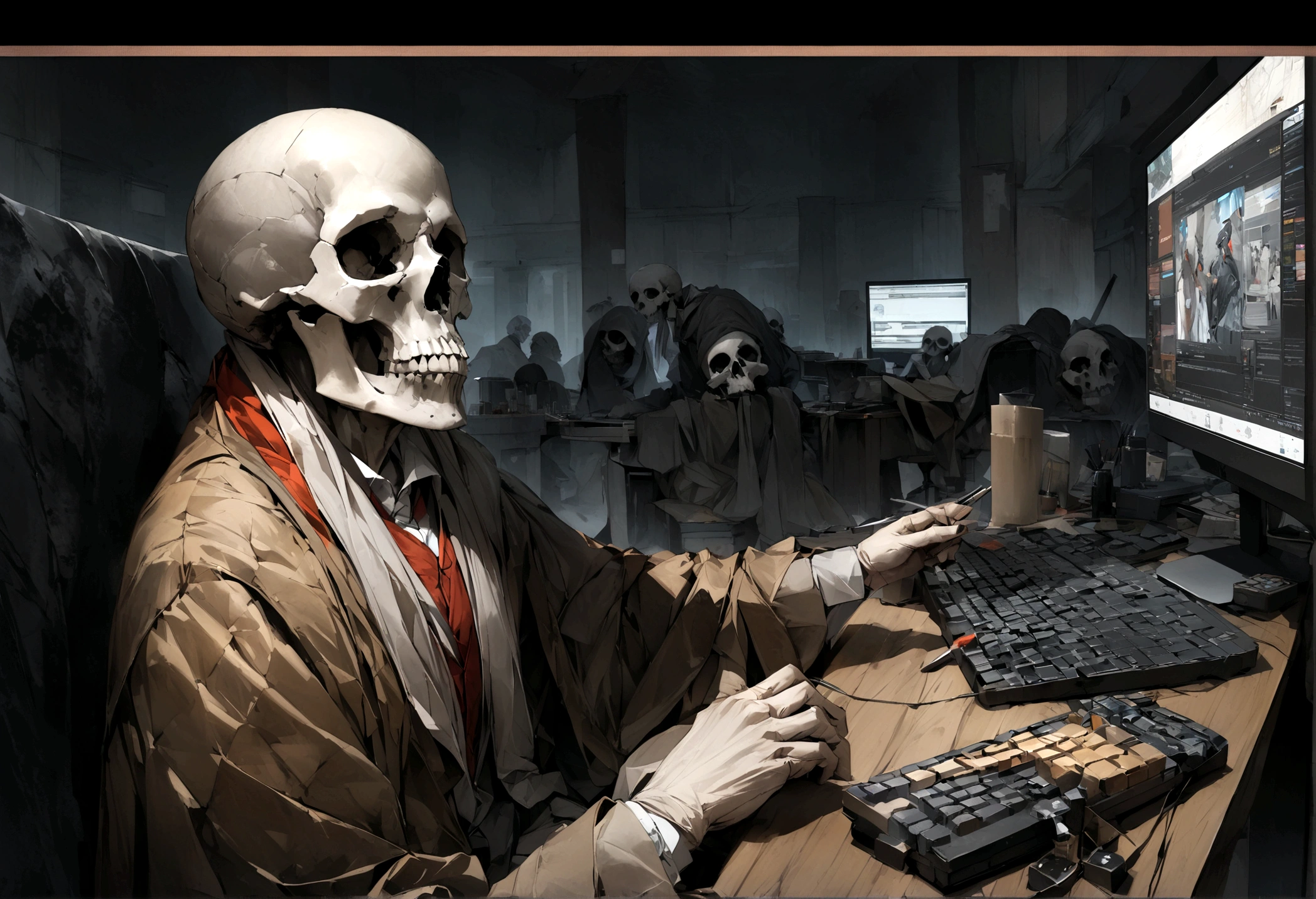 Create a high-quality, high-resolution image of an evil skull day trader sitting in front of a computer making a trade. In the image, include the text: "Eder Santo Professional trader investments".