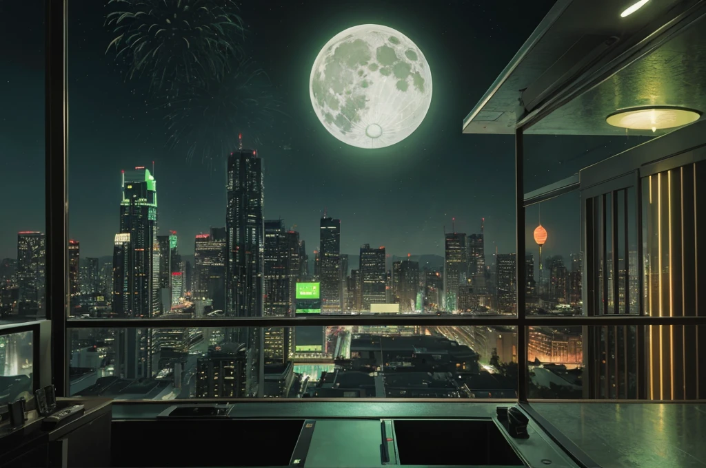 green casino, night, downtown, HDR, 4k resolution, green moon, firework, modern architecture, slot machine, indoor, green light