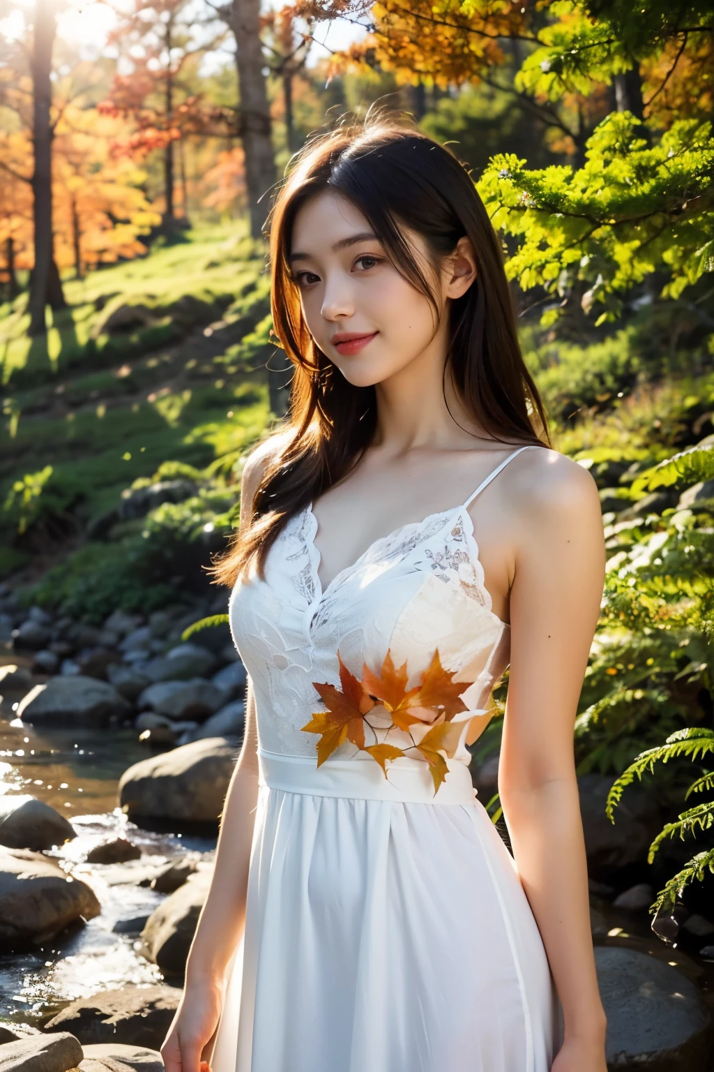 1girl,(wearing a beautiful dress:1.2),(RAW photo, best quality), (realistic, photo-realistic:1.4), masterpiece, an extremely delicate and beautiful, extremely detailed, 2k wallpaper, Amazing, finely detail, extremely detailed CG unity 8k wallpaper, ultra-detailed, highres, soft light, beautiful detailed girl, extremely detailed eyes and face, beautiful detailed nose, beautiful detailed eyes,cinematic lighting,in a beautiful forest of pine trees at a Japanese countryside,autumn scenery,maple trees in autumn,by a small rocky river,morning light,perfect anatomy,slender body,smiling,