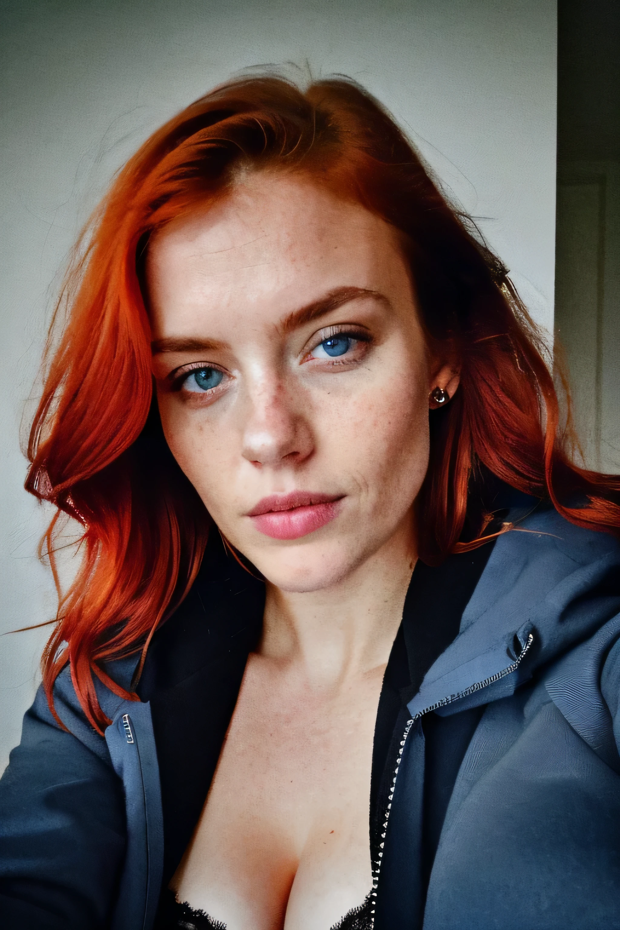 photograph, photo of beautiful woman, selfie, full body, solo, wearing winter jacket open, indoors, (night), sad face, lingerie under jacket, red hair, blue eyes, finnish, 🤤girl, looking at viewer, skin texture, photo grain, close up,