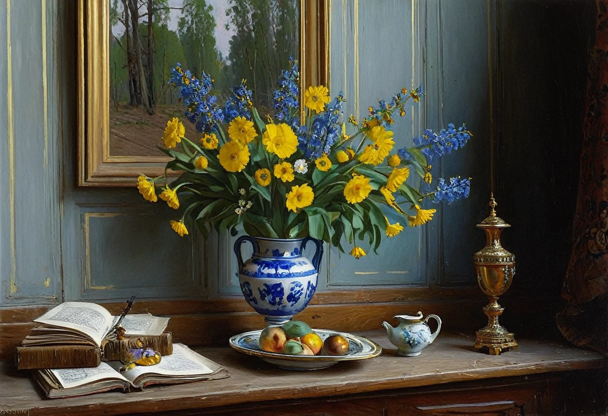 painting of a painting of a bunch of wood and a vase of flowers, by Konstantin Westchilov, by Stanislav Zhukovsky, by Vassily Maximov, by Igor Grabar, by Konstantin Savitsky, by Fyodor Slavyansky, by Abram Arkhipov, by Aleksandr Ivanovich Laktionov