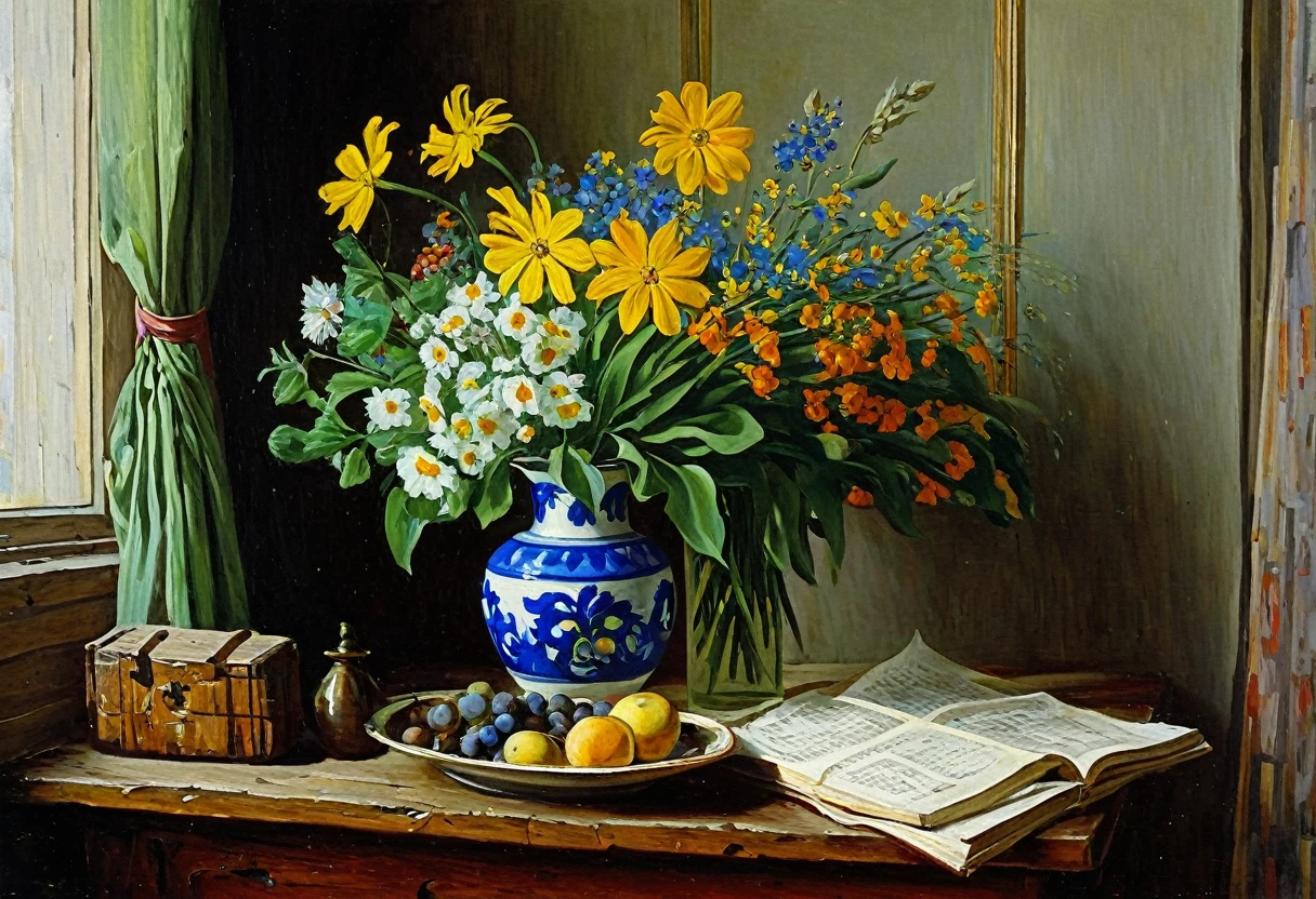 painting of a painting of a bunch of wood and a vase of flowers, by Konstantin Westchilov, by Stanislav Zhukovsky, by Vassily Maximov, by Igor Grabar, by Konstantin Savitsky, by Fyodor Slavyansky, by Abram Arkhipov, by Aleksandr Ivanovich Laktionov
