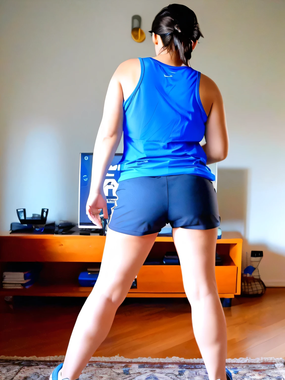 there is a woman in a blue shirt and black shorts playing a video game, long shot from back, long shot from the back, rear-shot, back - shot, shot from the back, back shot, backshot, from back, back pose, backview, in shorts, from the back, back view!!, sport bra and dark blue shorts