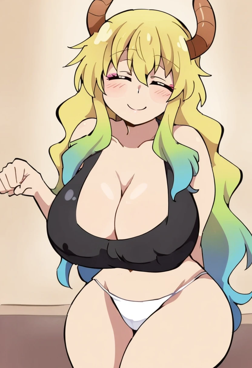 anime art style, cartoon, 2d, masterpiece, best quality, very aesthetic, absurdres, dynamic shadows, atmosferic, lucoa_md, (1girl), (blonde hair), long hair, (gradient hair), green hair, blue hair, closed eyes, ahoge, hair between eyes, bangs, big breasts, cleavage, curvy body, collarbone, makeup, blush, (sexy smile), horns, hat, ((pink baseball cap)), black crop top, white thong, sexy smile, cowboy shot, paw pose, beach, clouds, sky
