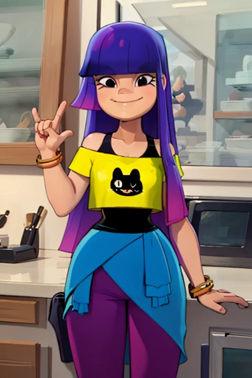 ((masterpiece, best quality)), solo, miko, purple pants, black undershirt, yellow shirt, off shoulder, jacket around waist, smile, wide hips, bracelet, animal print,