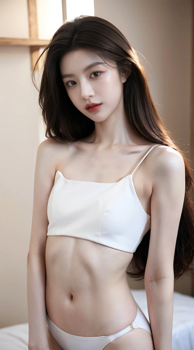 ((Best image quality)、Korean 20 years old, Private luxury mansion, bedroom,NFSW, high resolution, Natural and smooth implementation, head and body balance、perfect body beauty:1.4、slim、thin legs、((dark brown hair、very :1.2)), pretty dress, very 상세한 얼굴 및 피부 질감、eye for detail、shy smile、with legs spread , lighting areola、Aiming to become a gravure idol、top quality、reality、 exposed groin、cute appearance、angle from front、small ass、K-pop makeup、embarrassed expression、thin waist, White and clear skin, cute belly fat, chubby, Narrow pelvis,  Slander type, Popular hairstyles for long hair, skinny body type, young body type, Small pelvis, small shoulder, 