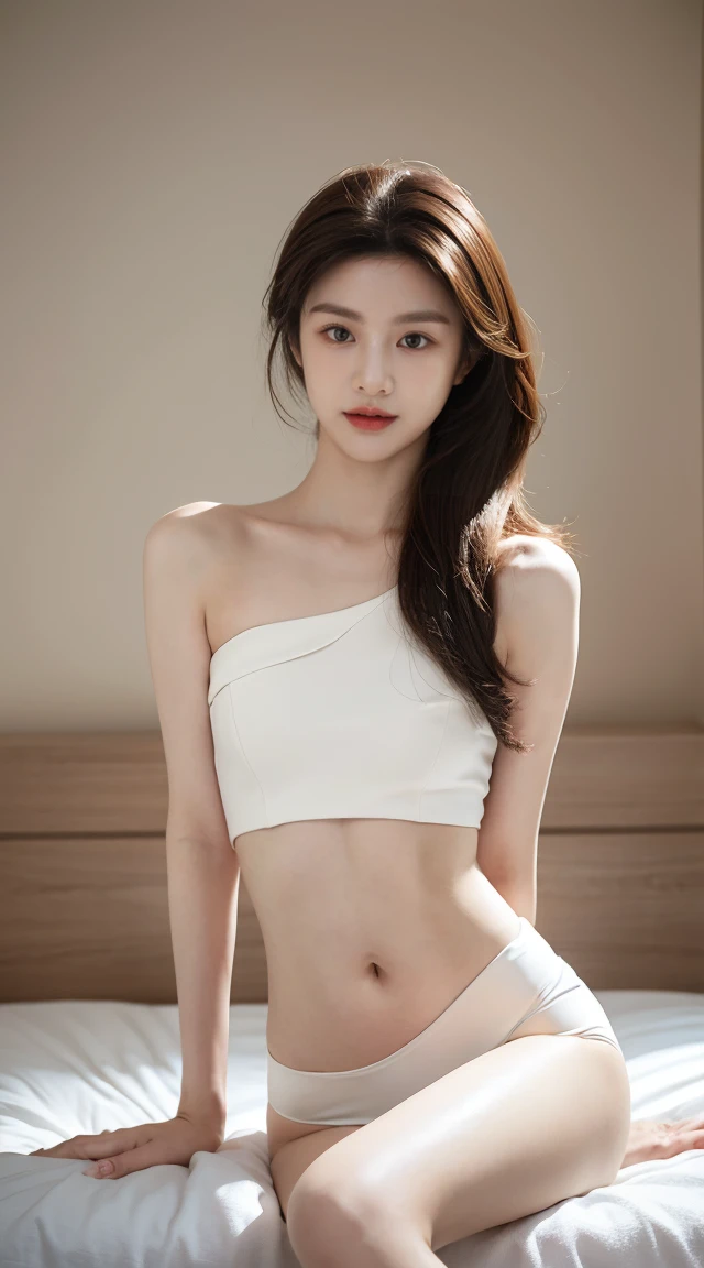 ((Best image quality)、Korean 20 years old, Private luxury mansion, bedroom,NFSW, high resolution, Natural and smooth implementation, head and body balance、perfect body beauty:1.4、slim、thin legs、((dark brown hair、very :1.2)), pretty dress, very 상세한 얼굴 및 피부 질감、eye for detail、shy smile、with legs spread , lighting areola、Aiming to become a gravure idol、top quality、reality、 exposed groin、cute appearance、angle from front、small ass、K-pop makeup、embarrassed expression、thin waist, White and clear skin, cute belly fat, chubby, Narrow pelvis,  Slander type, Popular hairstyles for long hair, skinny body type, young body type, Small pelvis, small shoulder, 