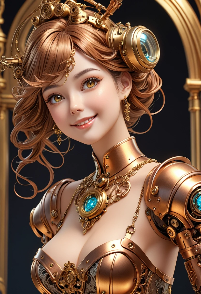 A steam punk style copper robot with a human like bronze face. female figure. Wearing wig of spun gold. Wide Smile, Eyes Detailed & Wide, sexy Pose. Ultra HD, Rococo-Inspired Fantasy Art With Intricate Details. Cute, dress. Charming Expression, Alluring-Gaze, looking at viewer Beautiful Eyes, An-Ideal-Figure. (8K High Resolution) (top-quality)