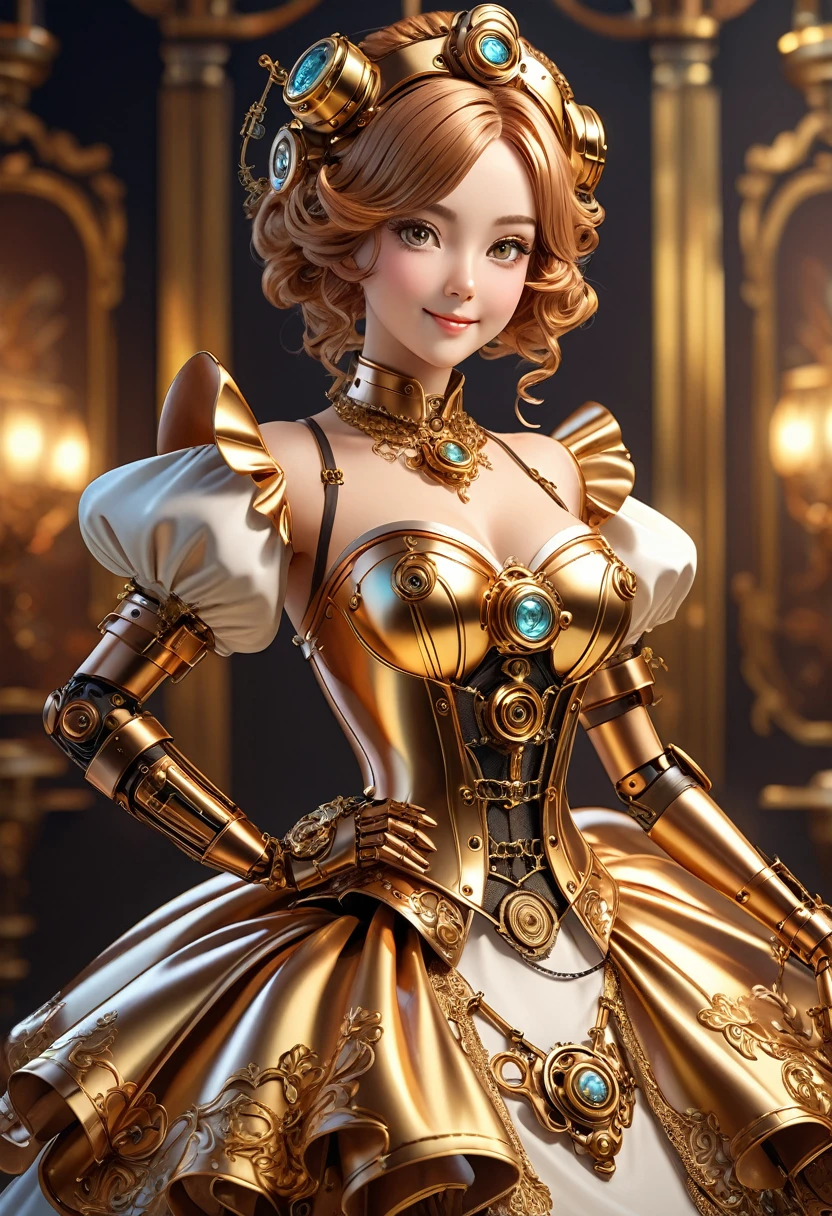 A steam punk style copper robot with a human like bronze face. female figure. Wearing wig of spun gold. Wide Smile, Eyes Detailed & Wide, sexy Pose. Ultra HD, Rococo-Inspired Fantasy Art With Intricate Details. Cute, dress. Charming Expression, Alluring-Gaze, looking at viewer Beautiful Eyes, An-Ideal-Figure. (8K High Resolution) (top-quality)
