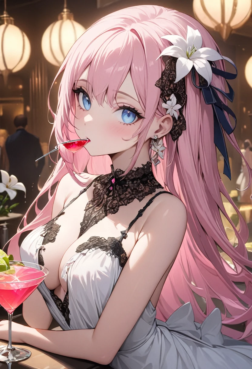 (masterpiece, Very detailed, Exquisite, beautiful, Full HD, High resolution, Absurd), Lilia, A girl with long pink hair, blue eyes, a white dress with black lace, a big pink ribbon on her chest, a white flower hair ornament around her right ear. Drinking a cocktail