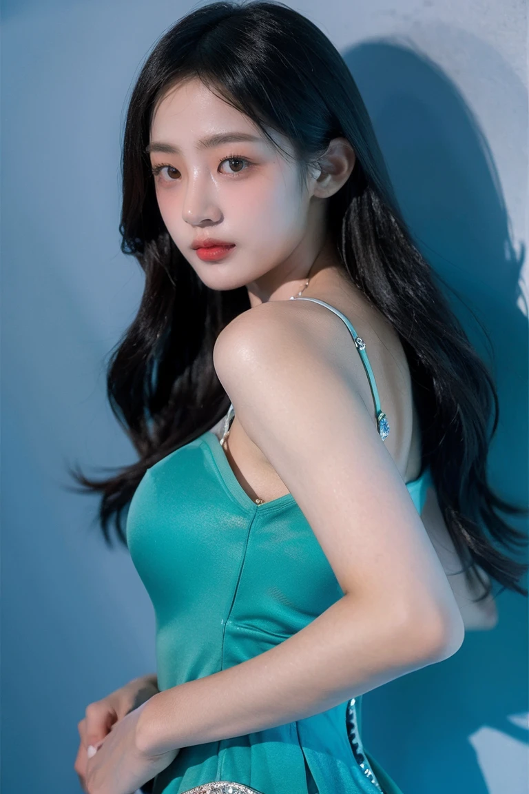 21 year old girl, blue background, beautiful dress 
